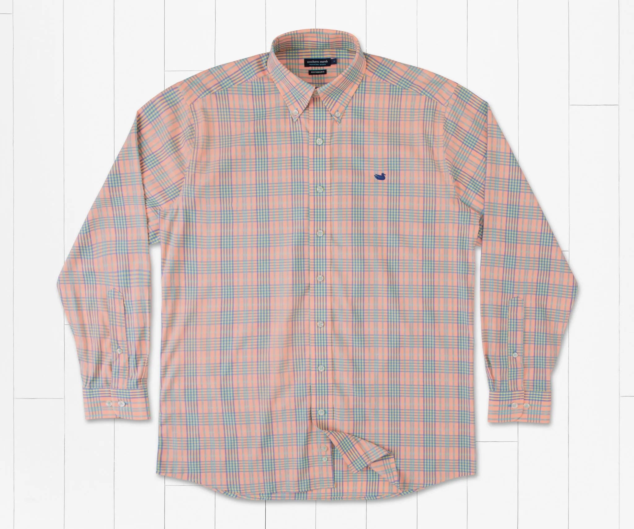 southern marsh Caicos Performance Dress Shirt- Peach and Mint