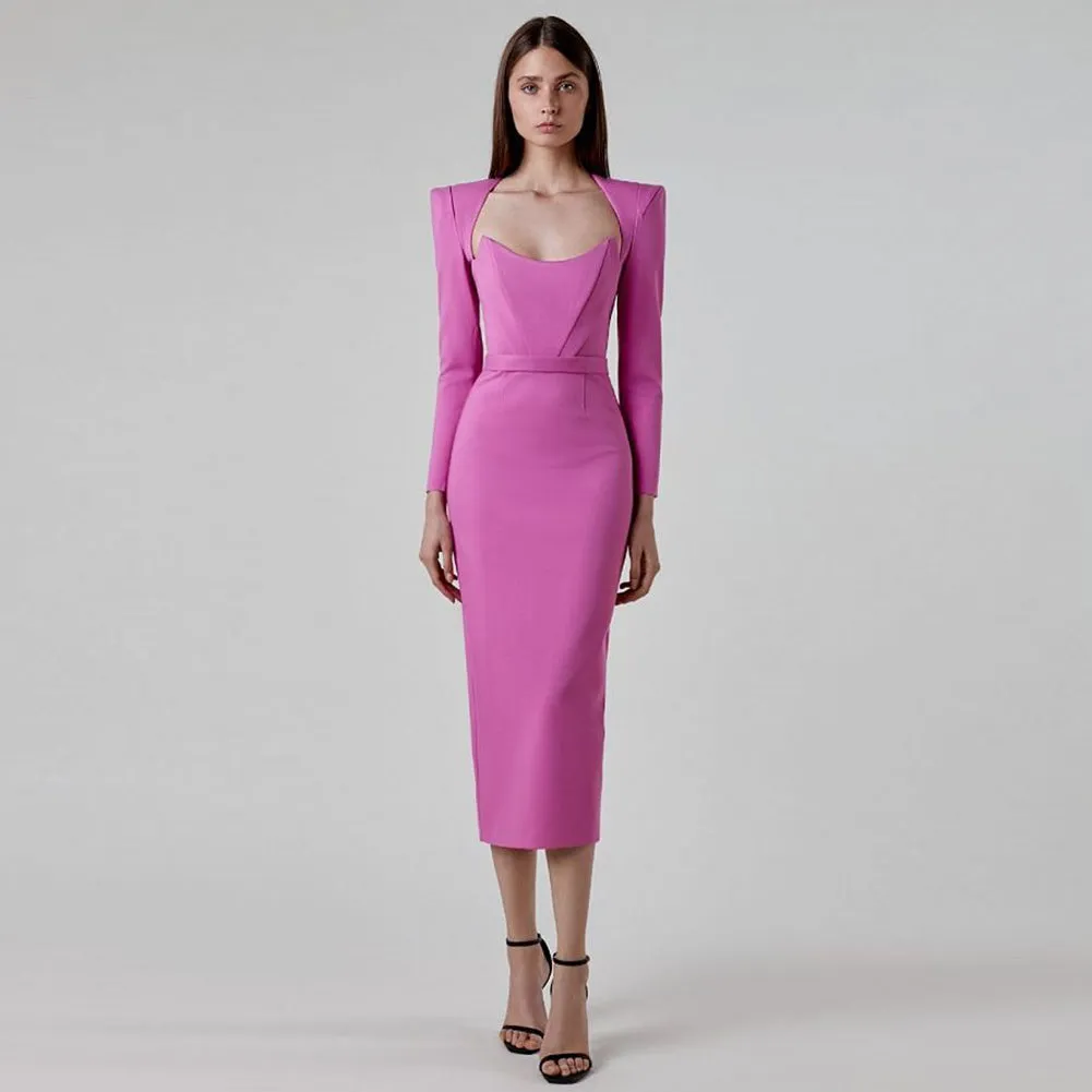 Square Collar Back-Slit Midi Bandage Dress