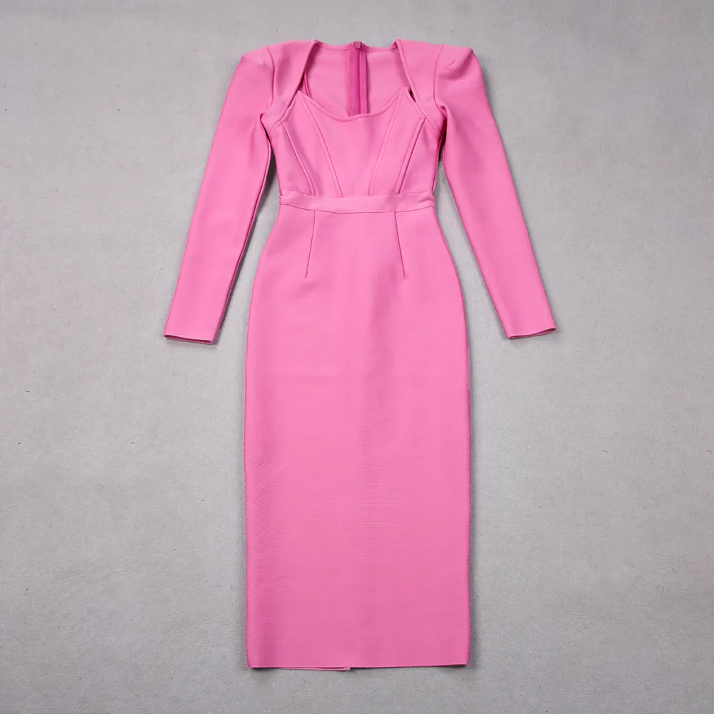 Square Collar Back-Slit Midi Bandage Dress