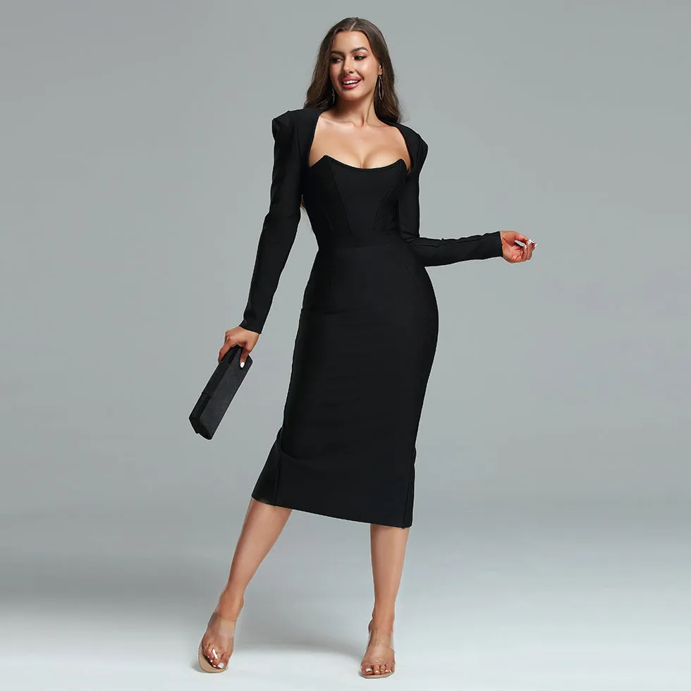Square Collar Back-Slit Midi Bandage Dress