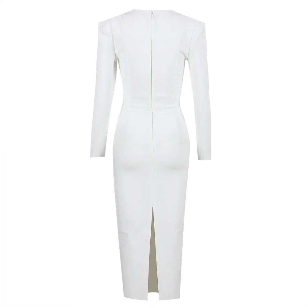 Square Collar Back-Slit Midi Bandage Dress