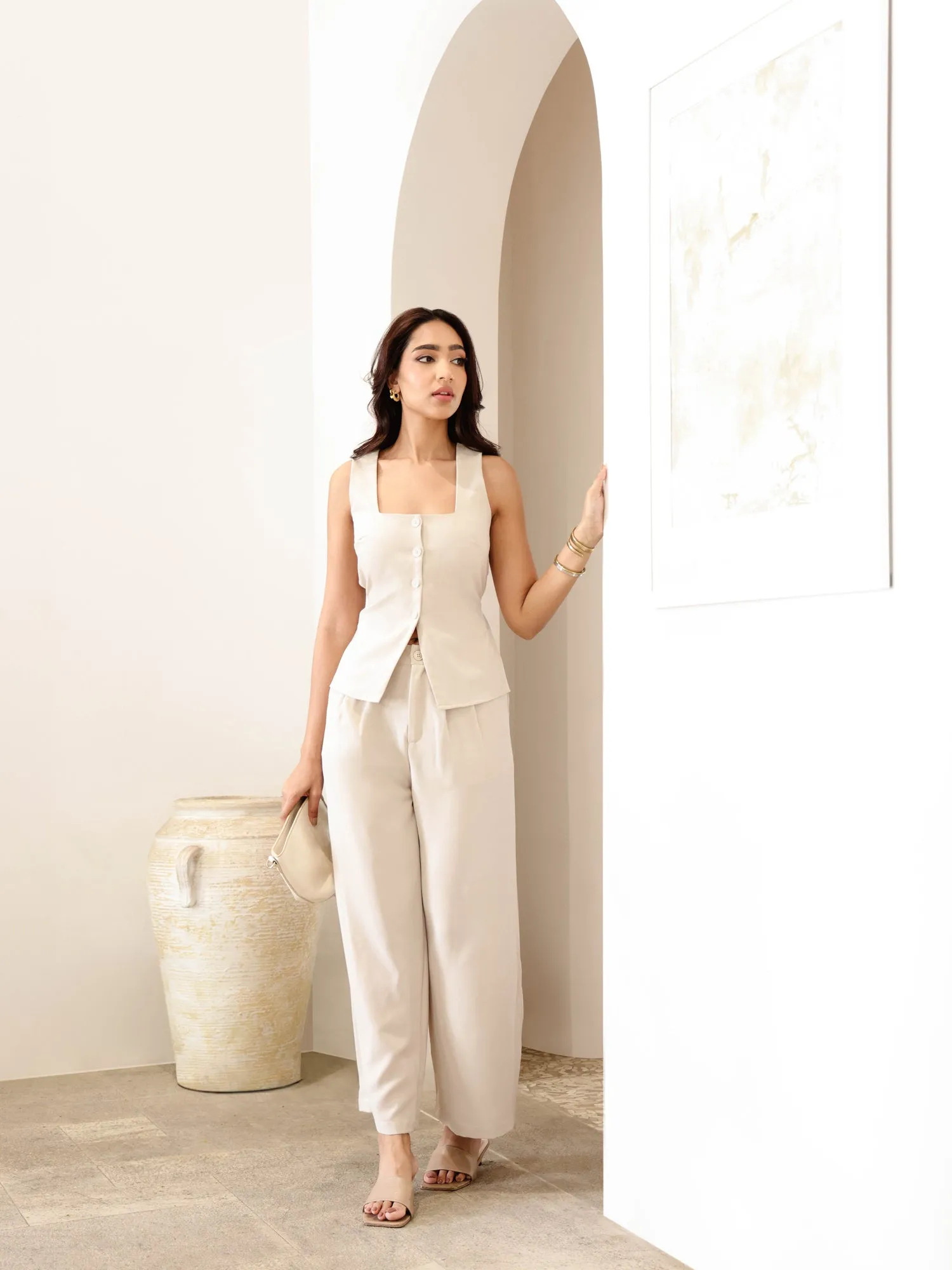 Square Neck Button Down Back Tie Up Top
