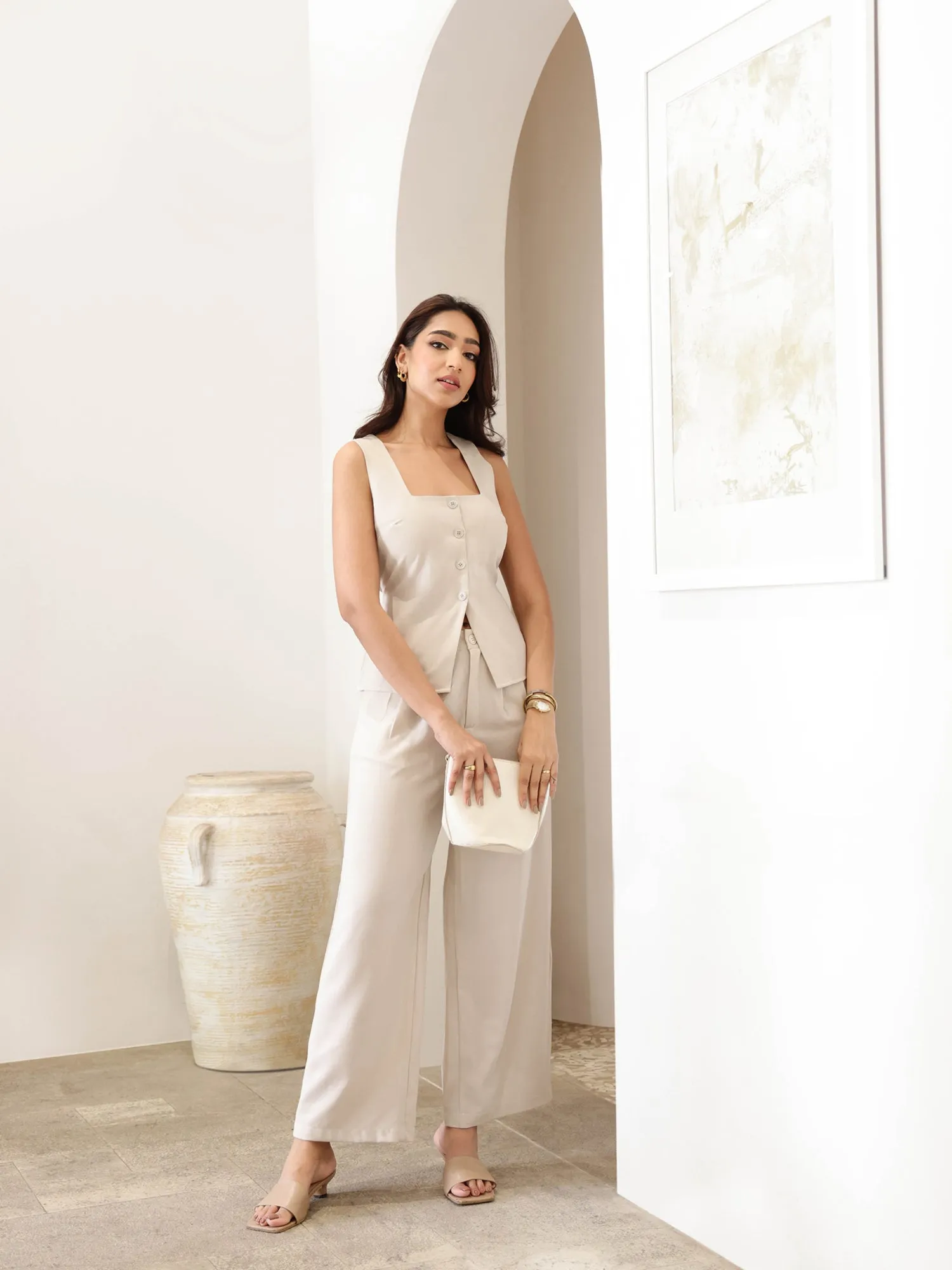 Square Neck Button Down Back Tie Up Top