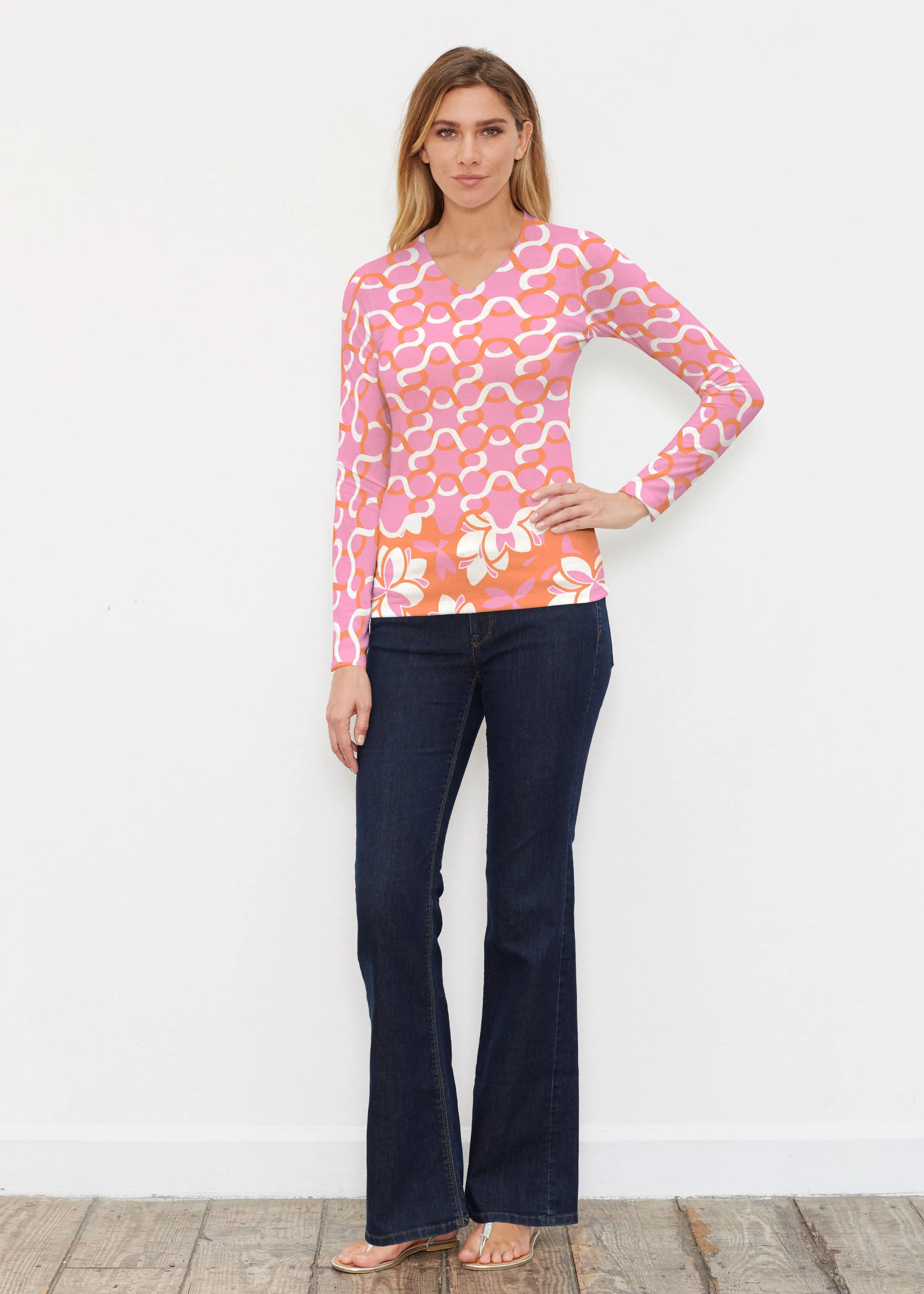 Squiggles Pink (20341) ~ Butterknit Long Sleeve V-Neck Top