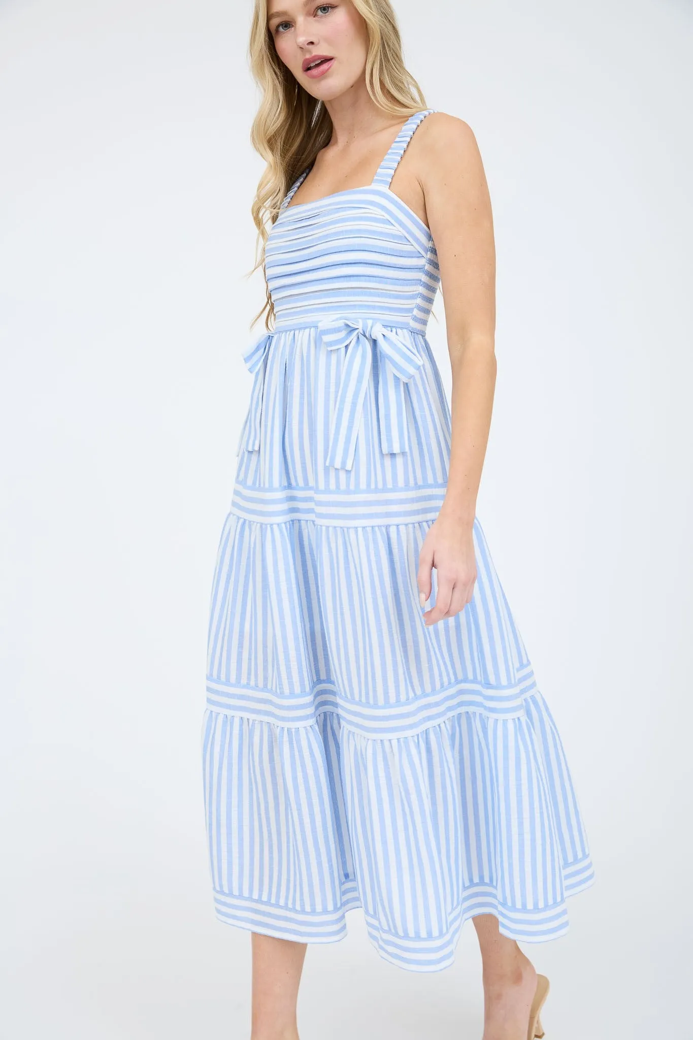 STRIPE TIE DETAIL SLEEVELESS TIERED MIDI