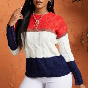 Striped Print Patchwork Round Neck Long Sleeve Sweater