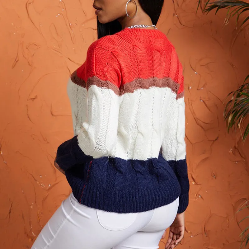 Striped Print Patchwork Round Neck Long Sleeve Sweater