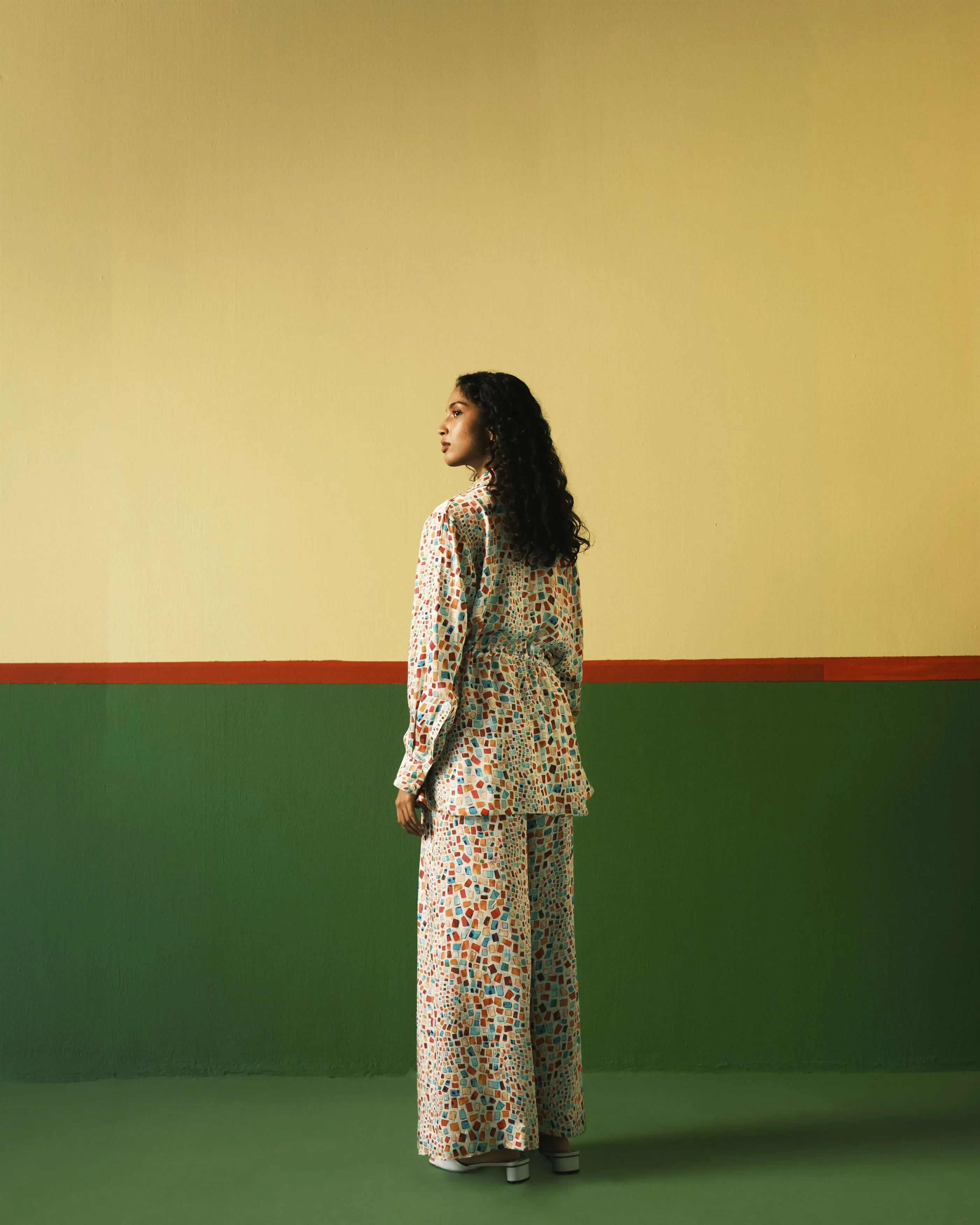 Studio Rigu   I   Crystal Flared Trousers Digitally Printed Vegan Silk Crystal Digital Print Srch047