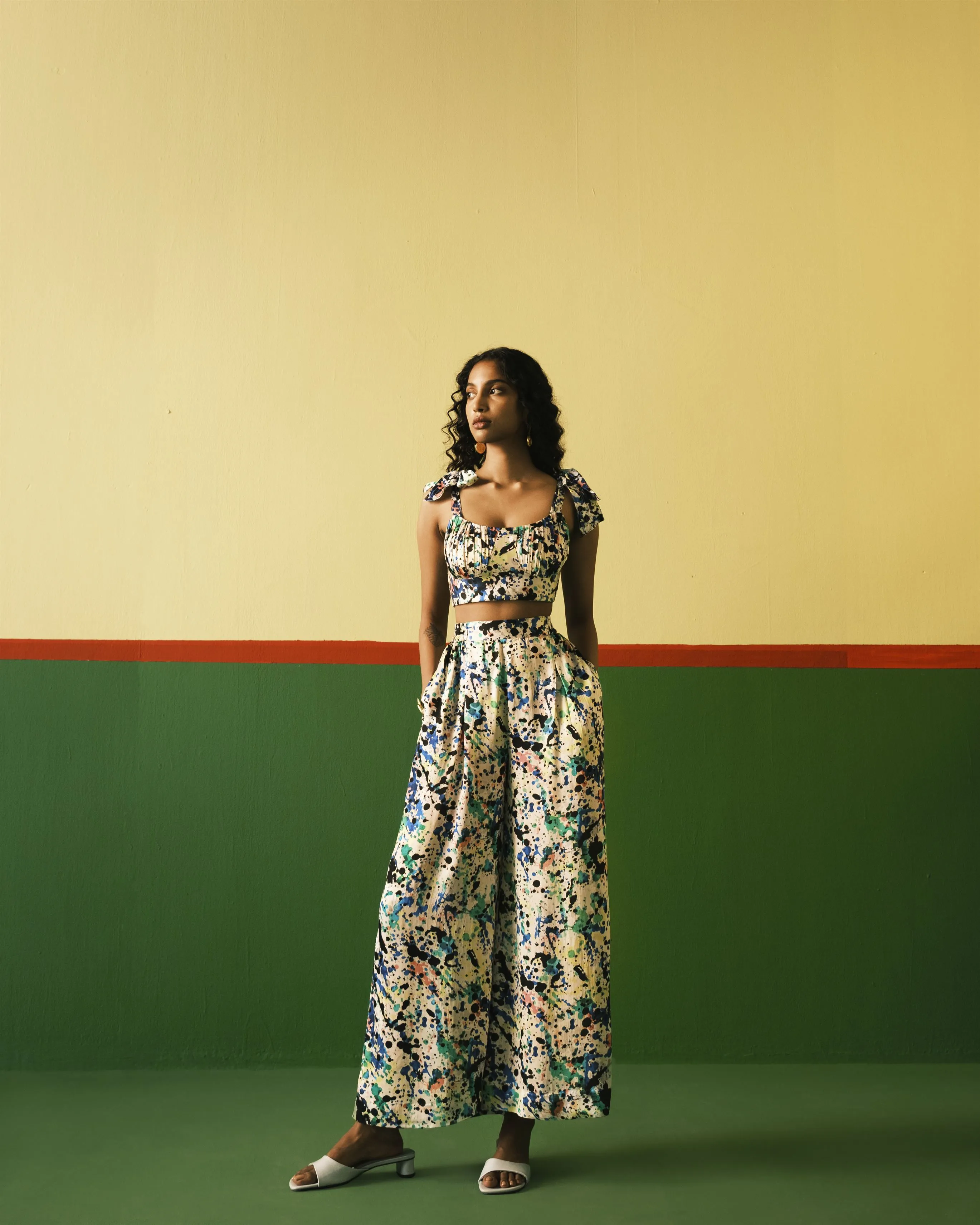Studio Rigu   I   Splatter Flared Trousers Digitally Printed Vegan Silk Dotted Print Srch018