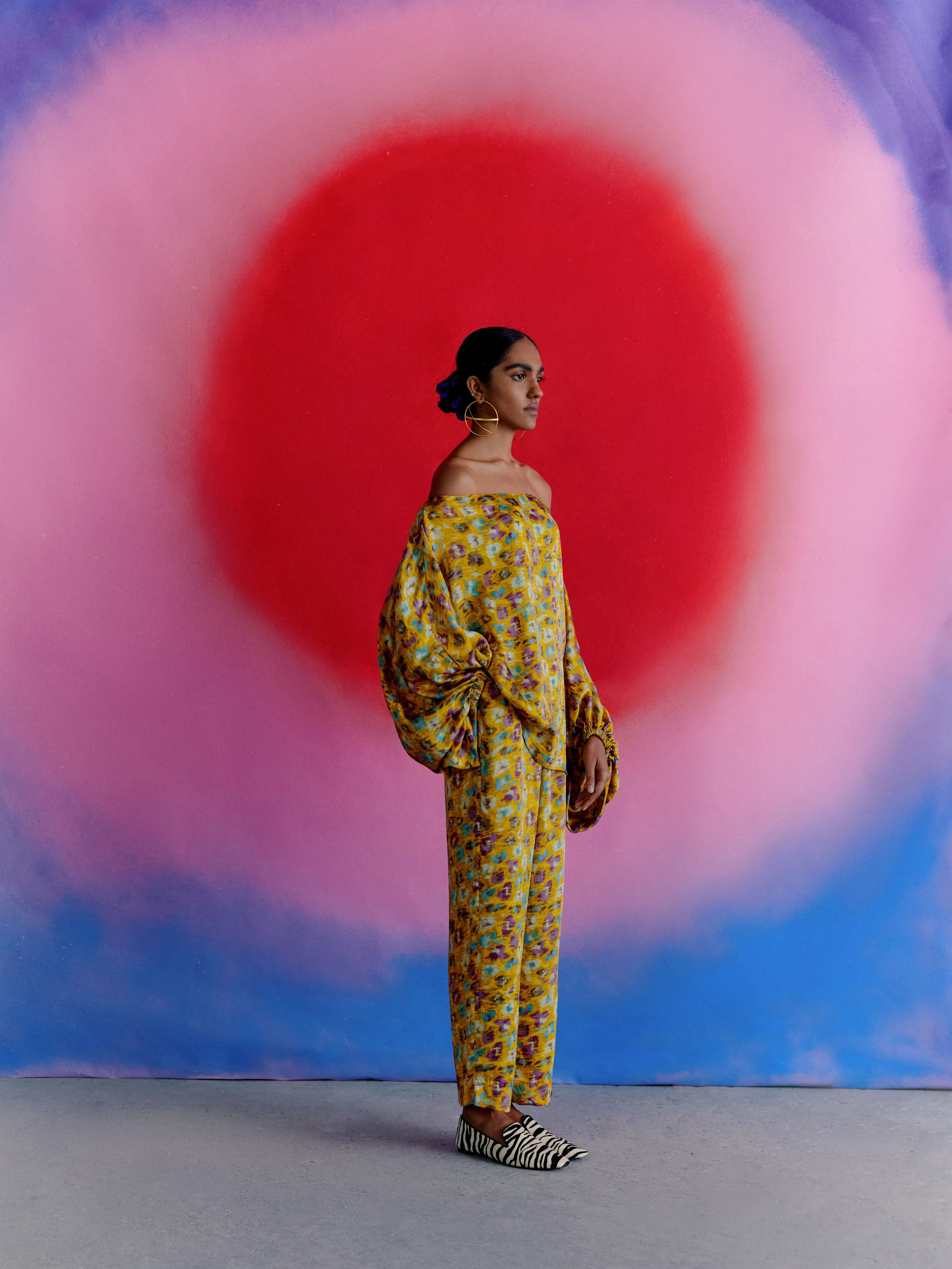 Studio Rigu   I   Womenswear, Western Morton Straight Trousers Yellow Base With Small Flower In Red /Pink/ Blue  Srdd012