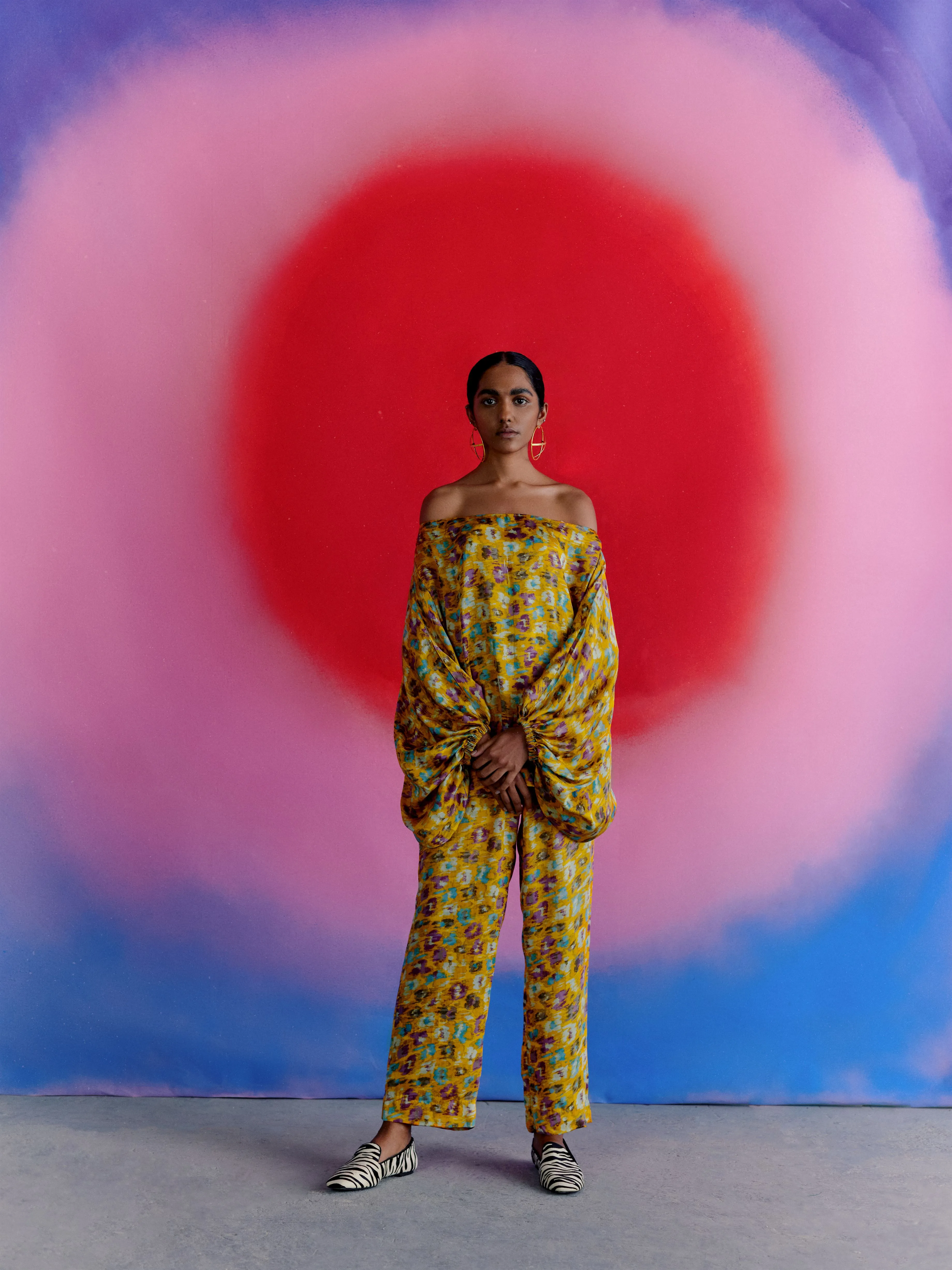 Studio Rigu   I   Womenswear, Western Morton Straight Trousers Yellow Base With Small Flower In Red /Pink/ Blue  Srdd012