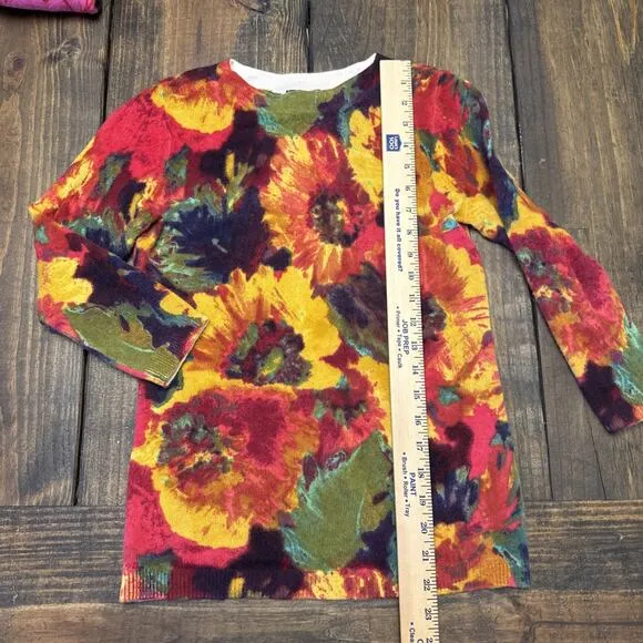 Talbots Cashmere Size Petite Audrey Brushed Floral 3/4 Sleeves Sweater