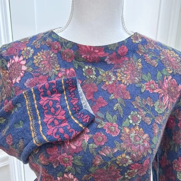 Talbots Womens Cashmere Floral Sweater 7/8 Sleeve Crew Neck Size LP Burgundy