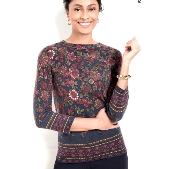 Talbots Womens Cashmere Floral Sweater 7/8 Sleeve Crew Neck Size LP Burgundy