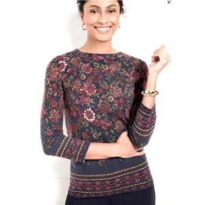 Talbots Womens Cashmere Floral Sweater 7/8 Sleeve Crew Neck Size LP Burgundy