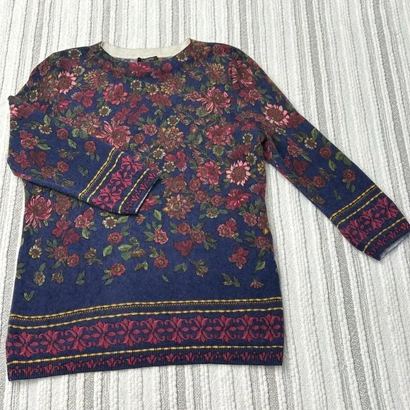 Talbots Womens Cashmere Floral Sweater 7/8 Sleeve Crew Neck Size LP Burgundy