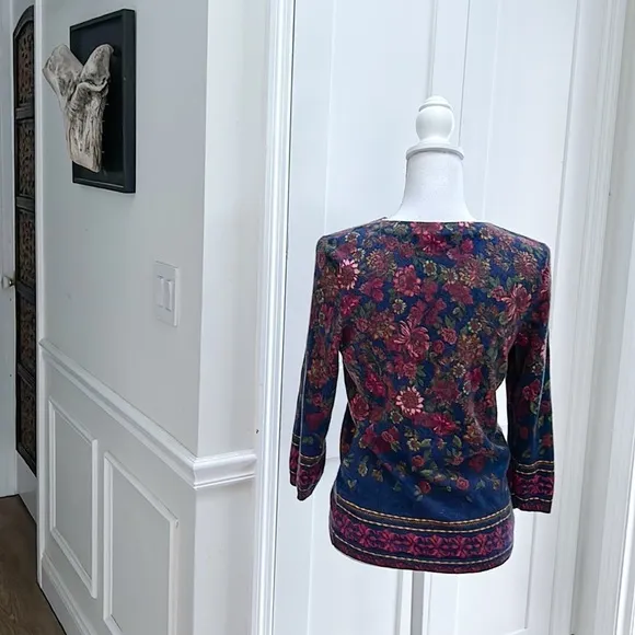 Talbots Womens Cashmere Floral Sweater 7/8 Sleeve Crew Neck Size LP Burgundy