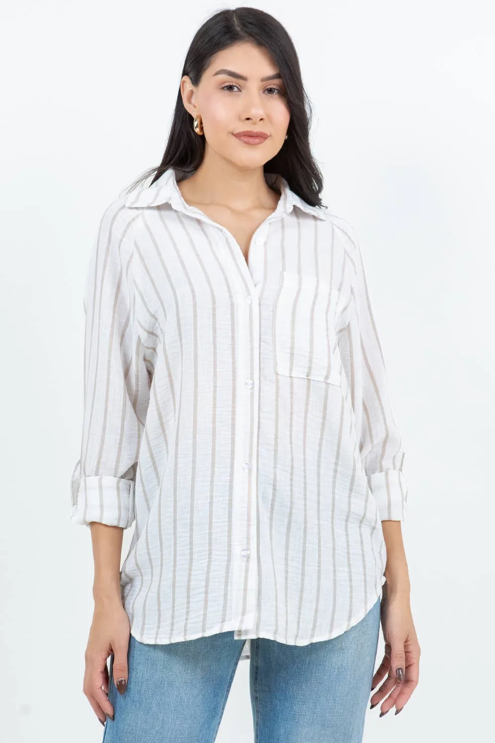 Taupe Air Breeze Sheer Stripe Button-Up Overshirt