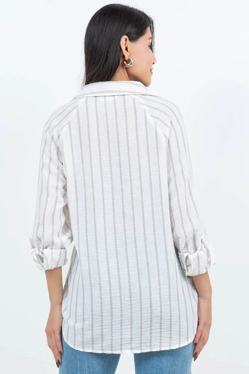Taupe Air Breeze Sheer Stripe Button-Up Overshirt