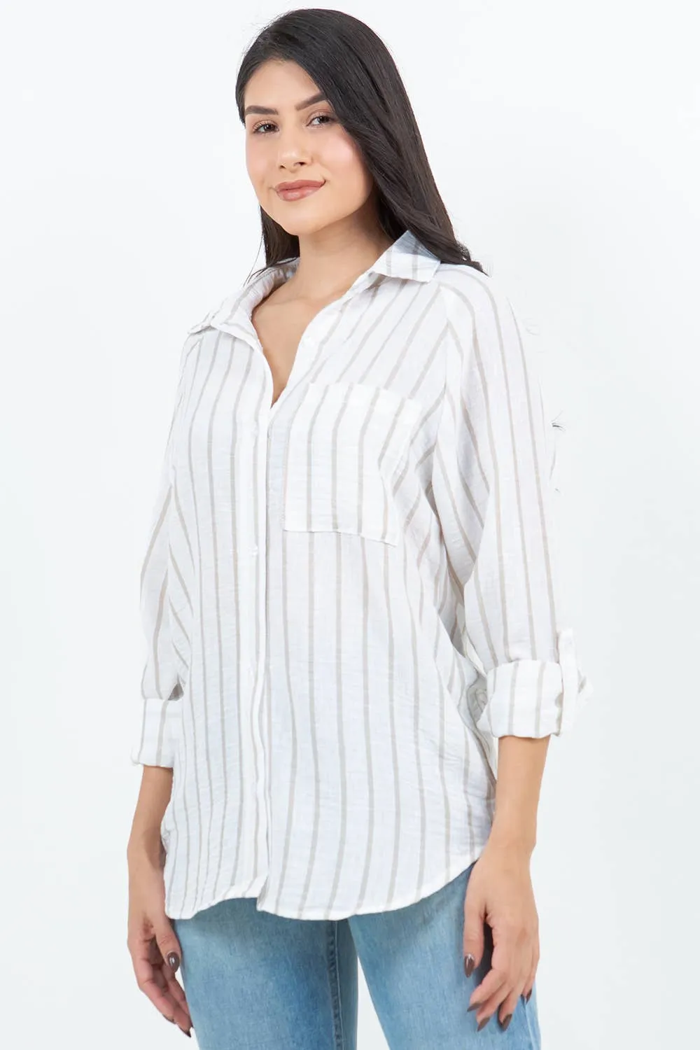 Taupe Air Breeze Sheer Stripe Button-Up Overshirt