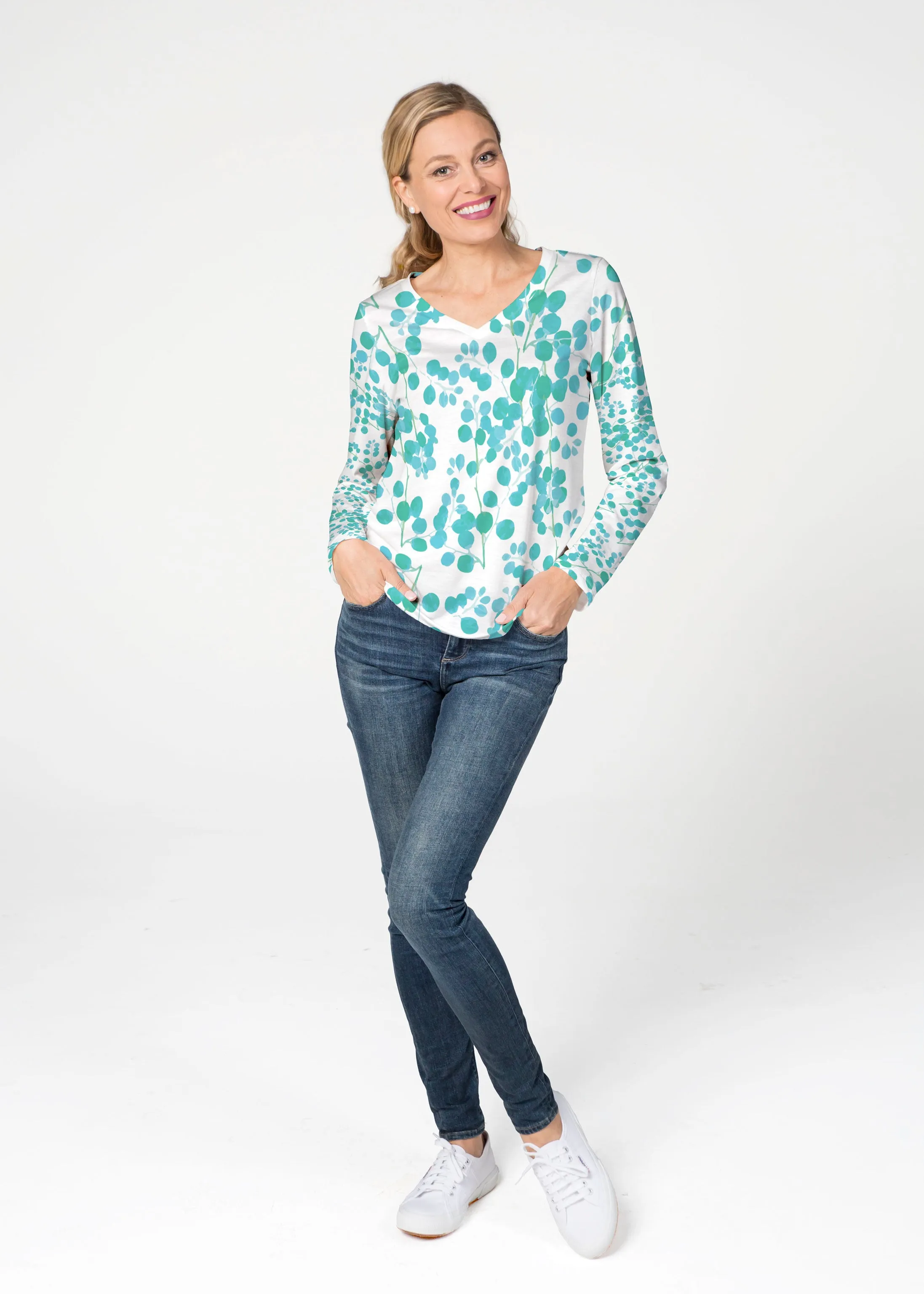 Teal Pome (7863) ~ French Terry V-neck Top