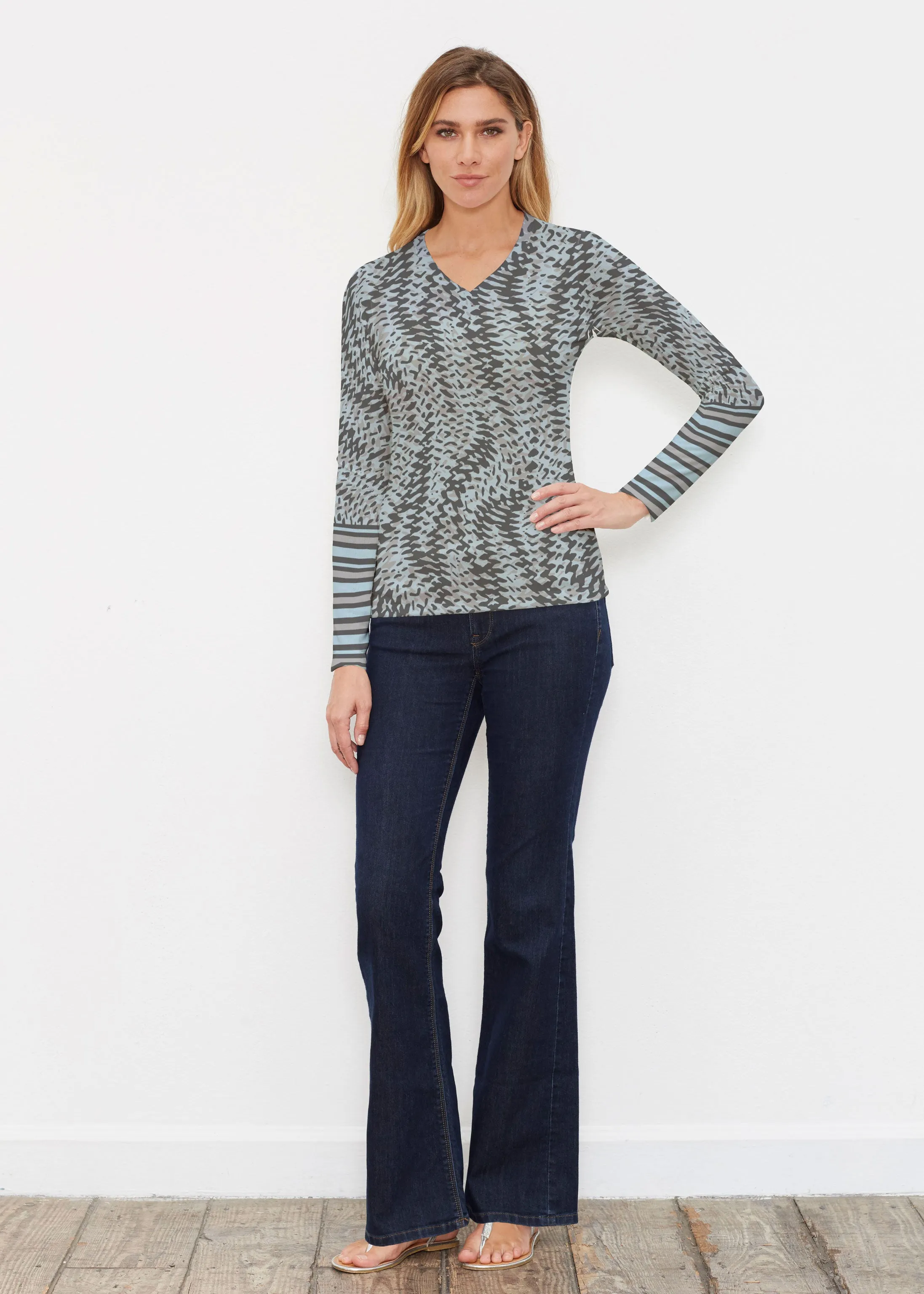 Textured Tracks Black (7720) ~ Butterknit Long Sleeve V-Neck Top