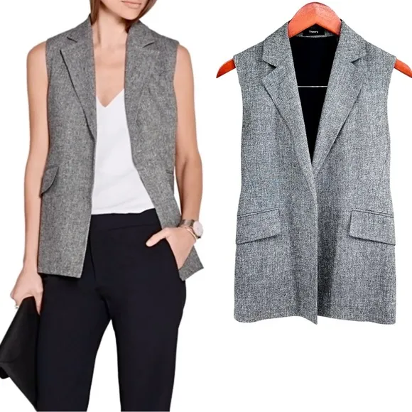 Theory Womens Sedeia Linen Crepe Vest Size 2 Gray Speckled Boucle Structured