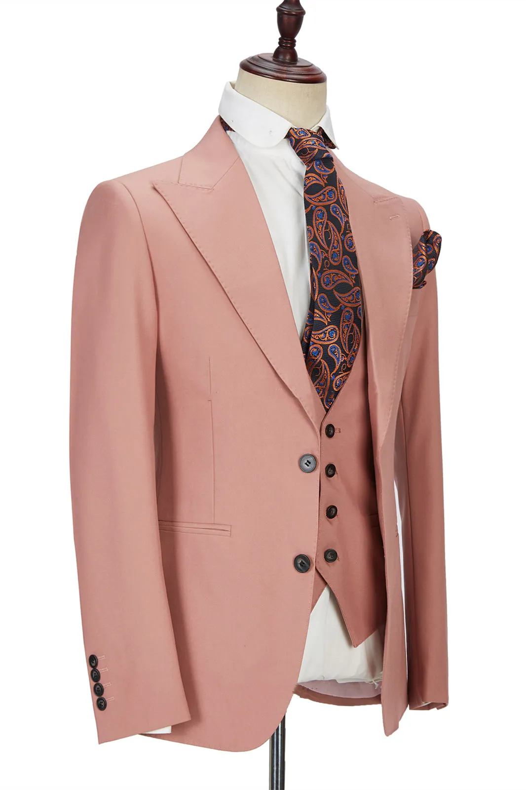 Three-piece Coral Pink Two Buttons Peak Lapel Custom design Men Suit
