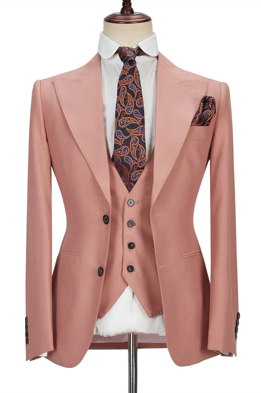 Three-piece Coral Pink Two Buttons Peak Lapel Custom design Men Suit