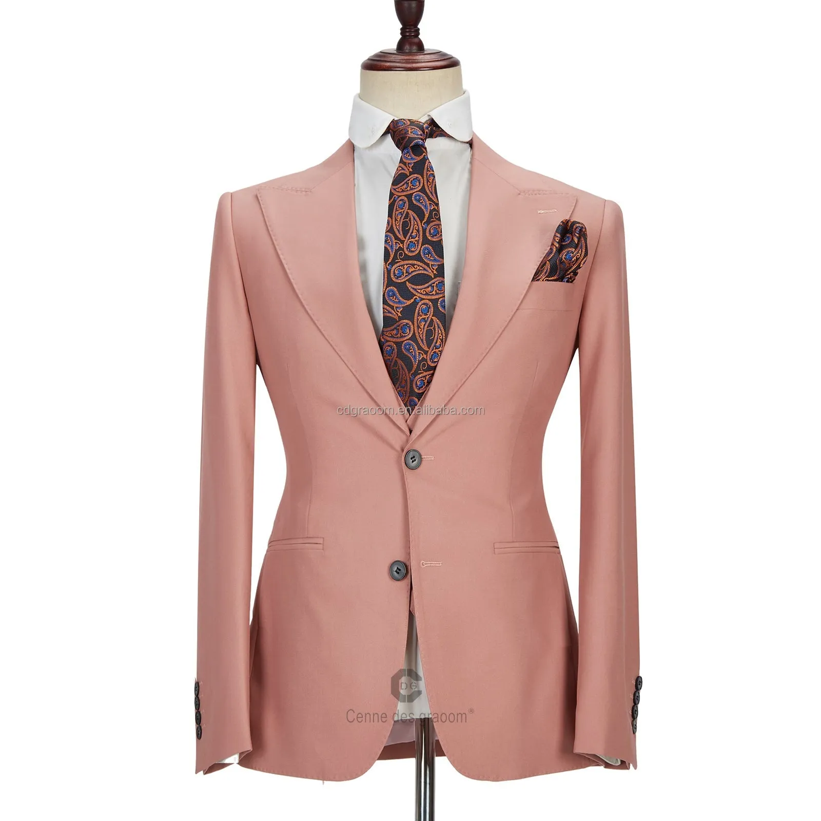 Three-piece Coral Pink Two Buttons Peak Lapel Custom design Men Suit