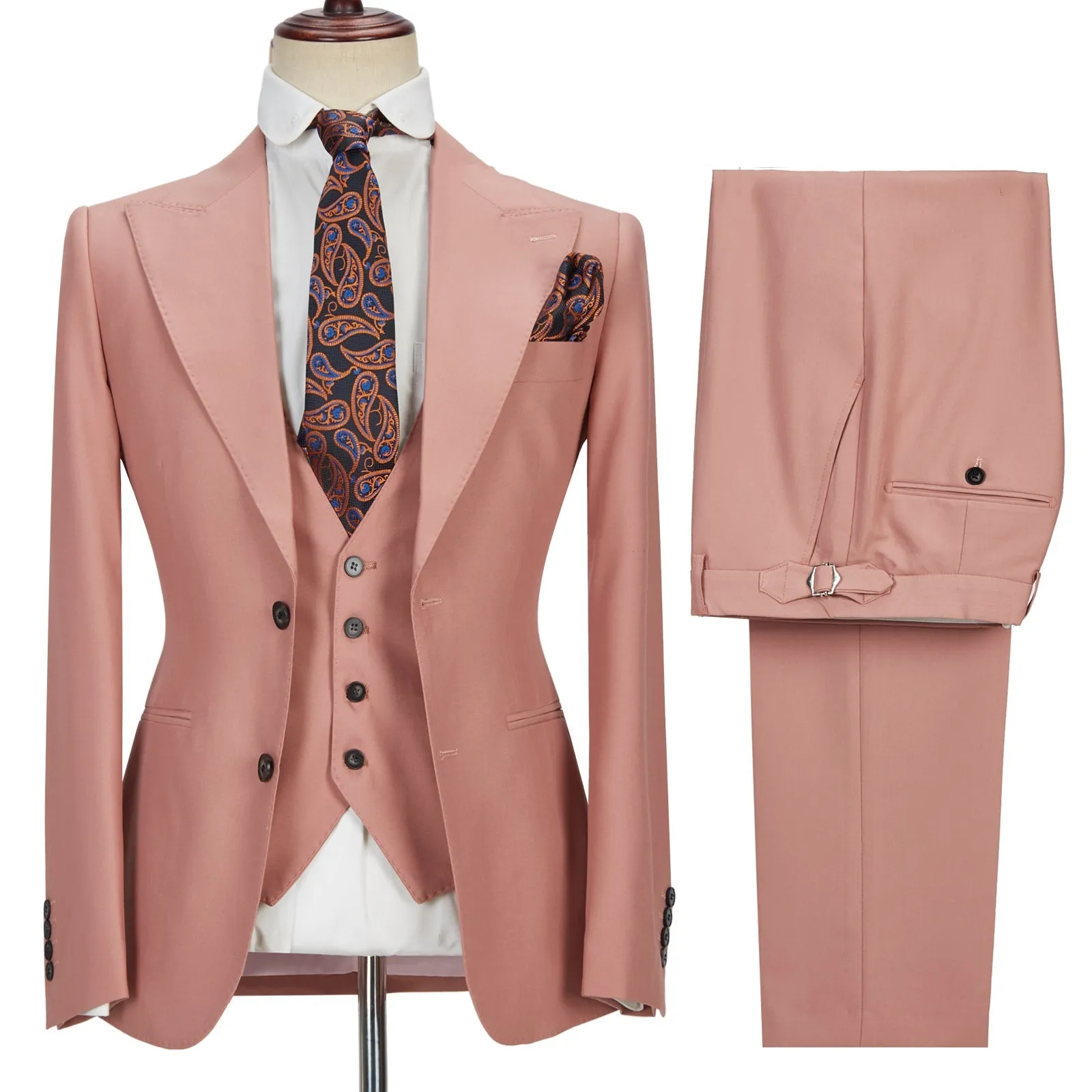 Three-piece Coral Pink Two Buttons Peak Lapel Custom design Men Suit