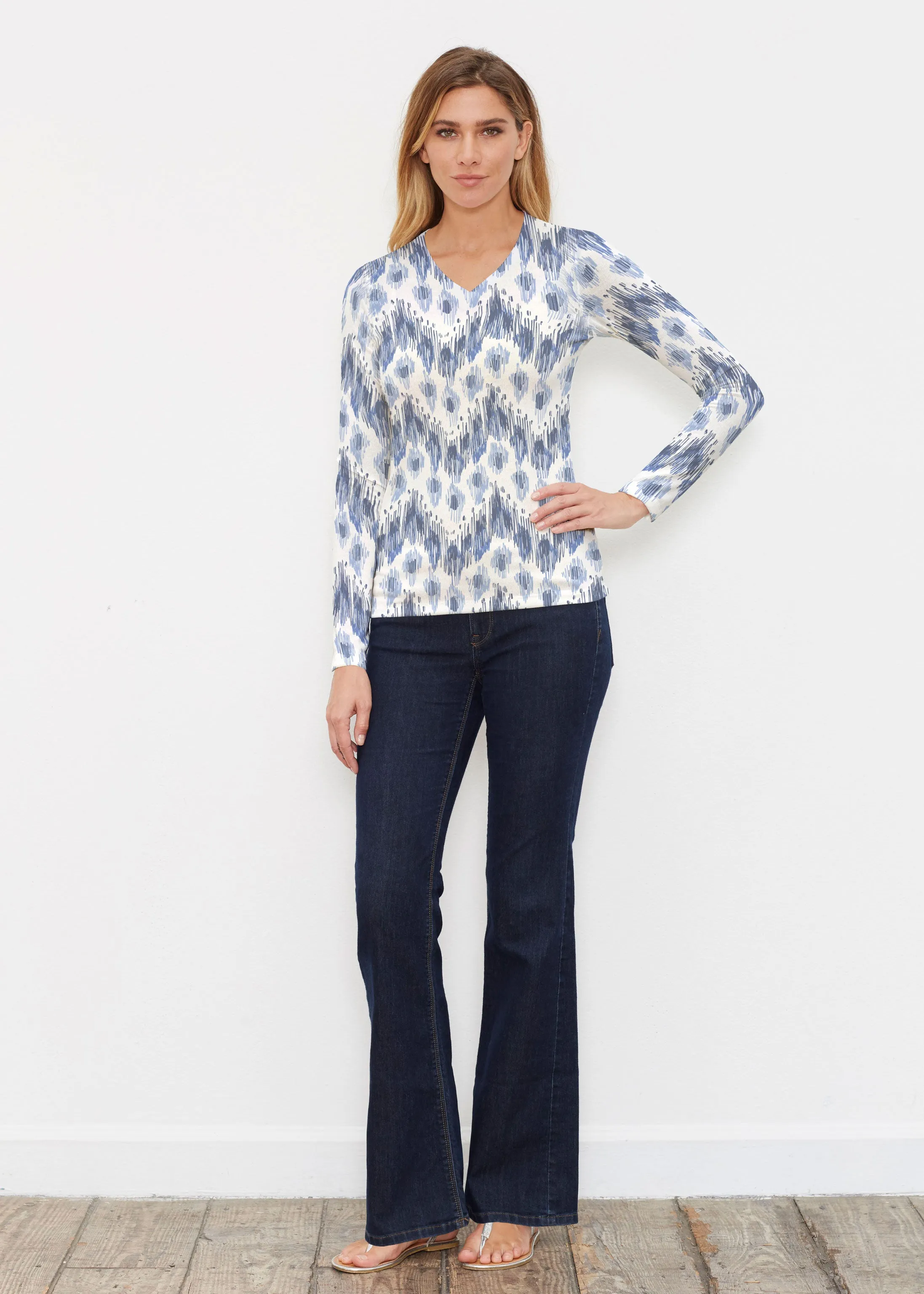 Tonal Waves Blue (7804) ~ Butterknit Long Sleeve V-Neck Top