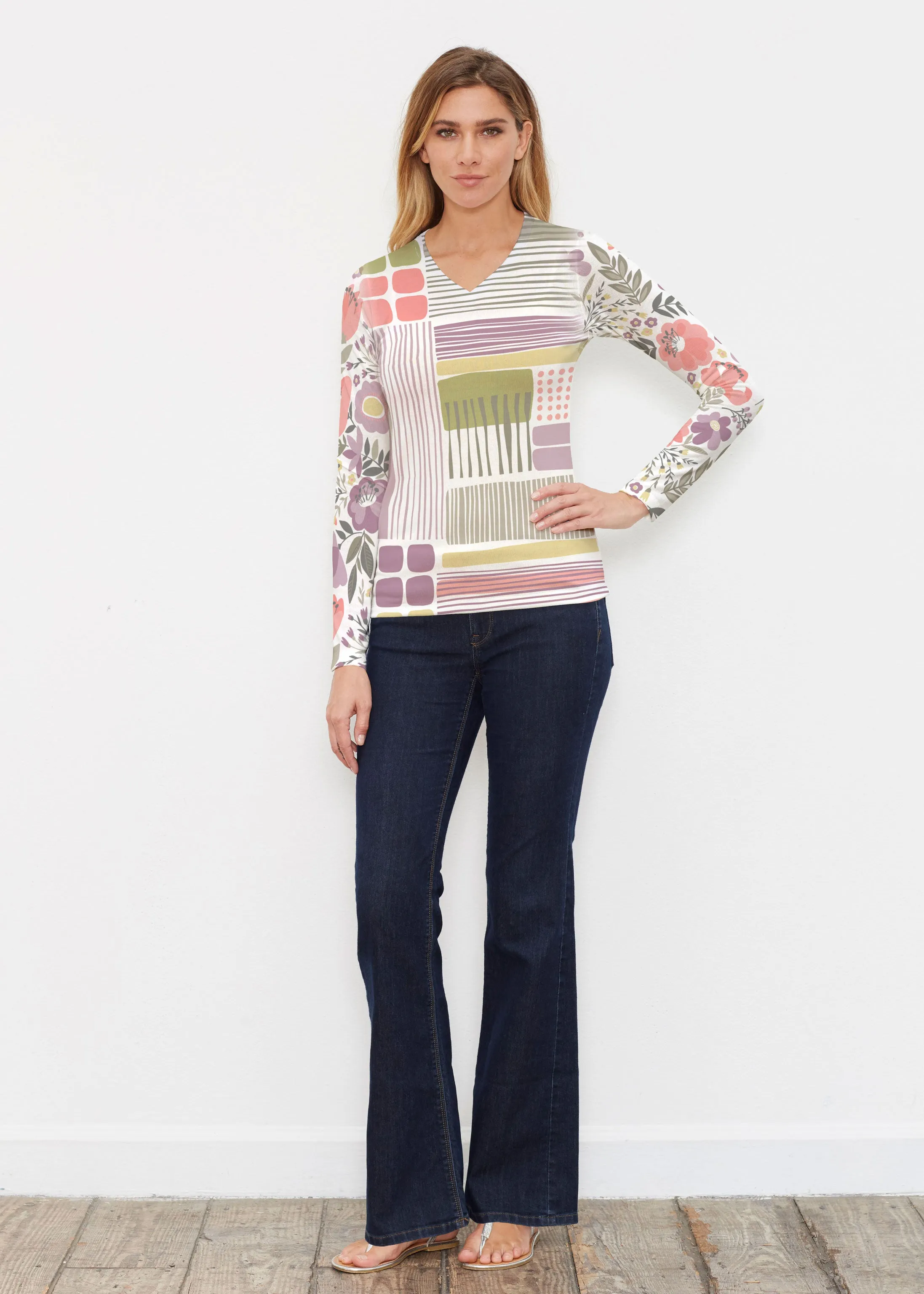 Transcendent Floral (13483) ~ Butterknit Long Sleeve V-Neck Top