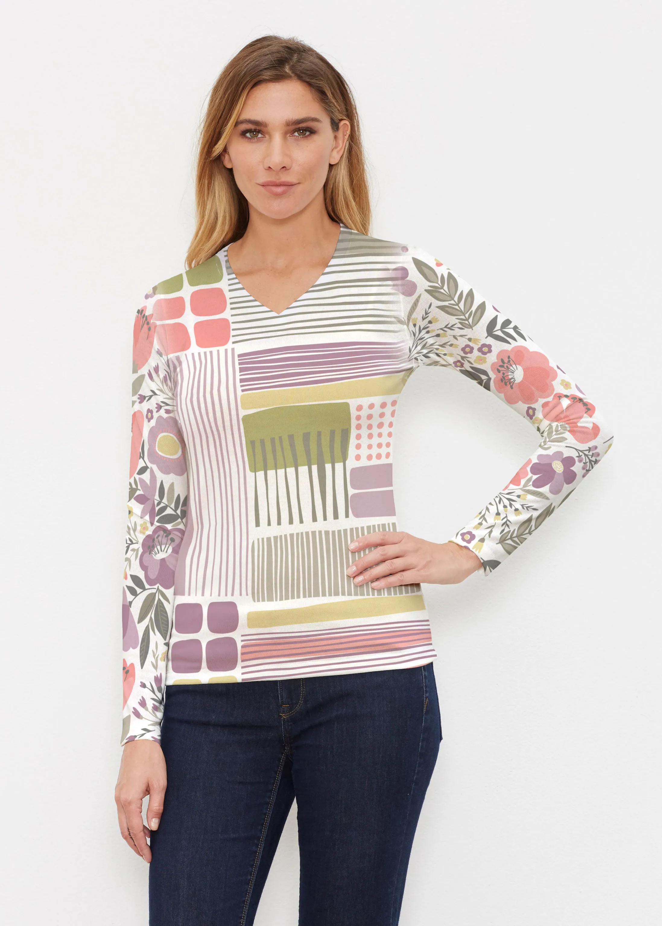 Transcendent Floral (13483) ~ Butterknit Long Sleeve V-Neck Top