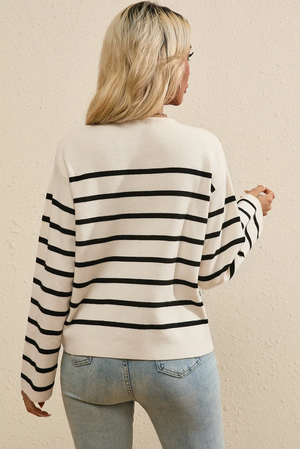 Trina Striped Button Up Round Neck Cardigan