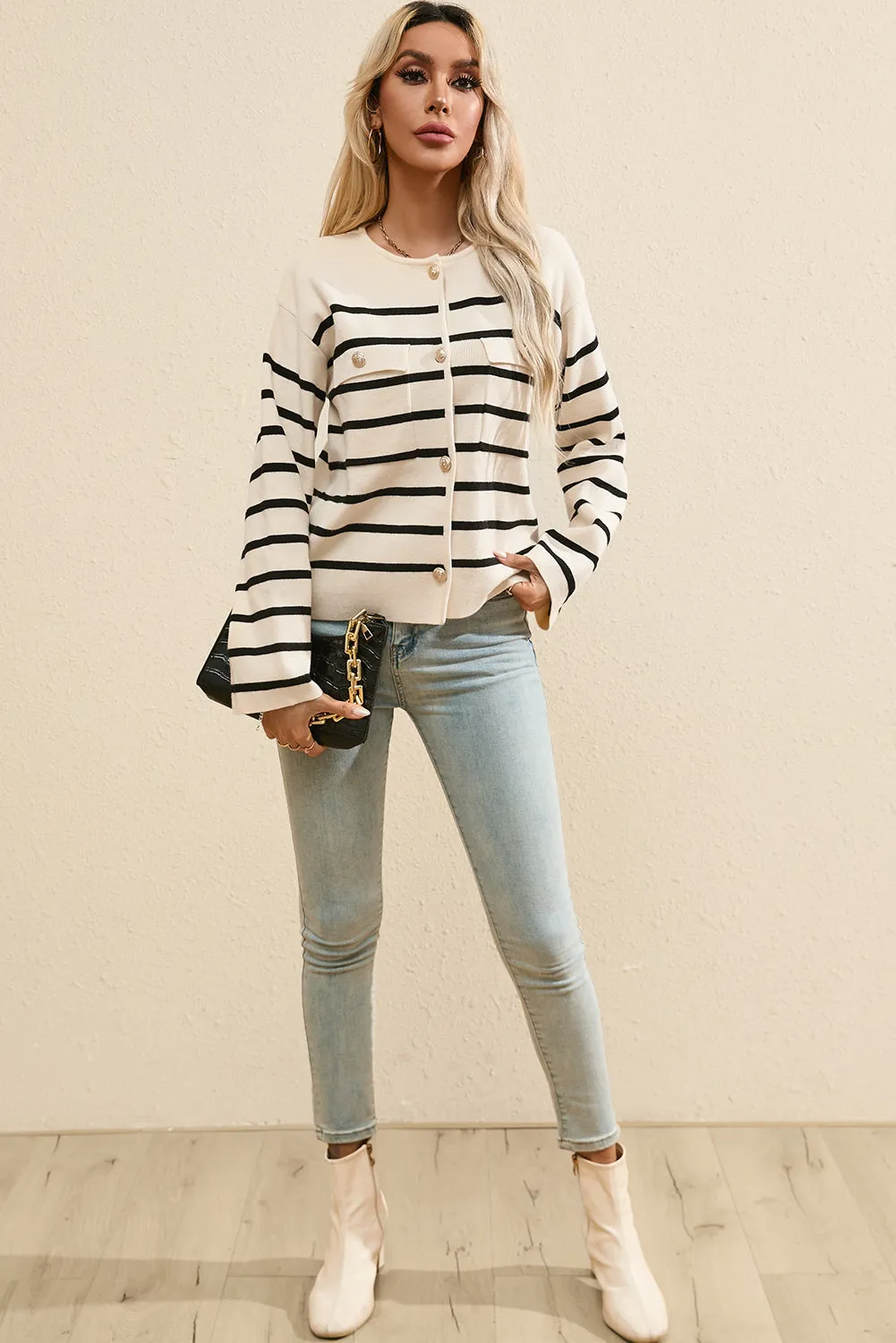 Trina Striped Button Up Round Neck Cardigan