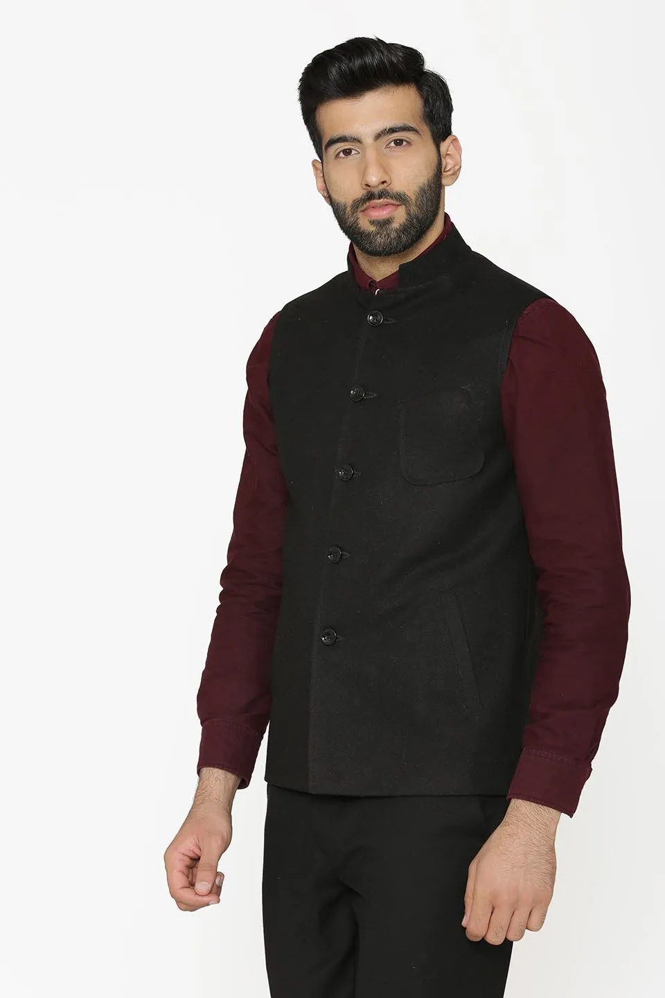 Tweed Wool Black Modi Nehru Jacket