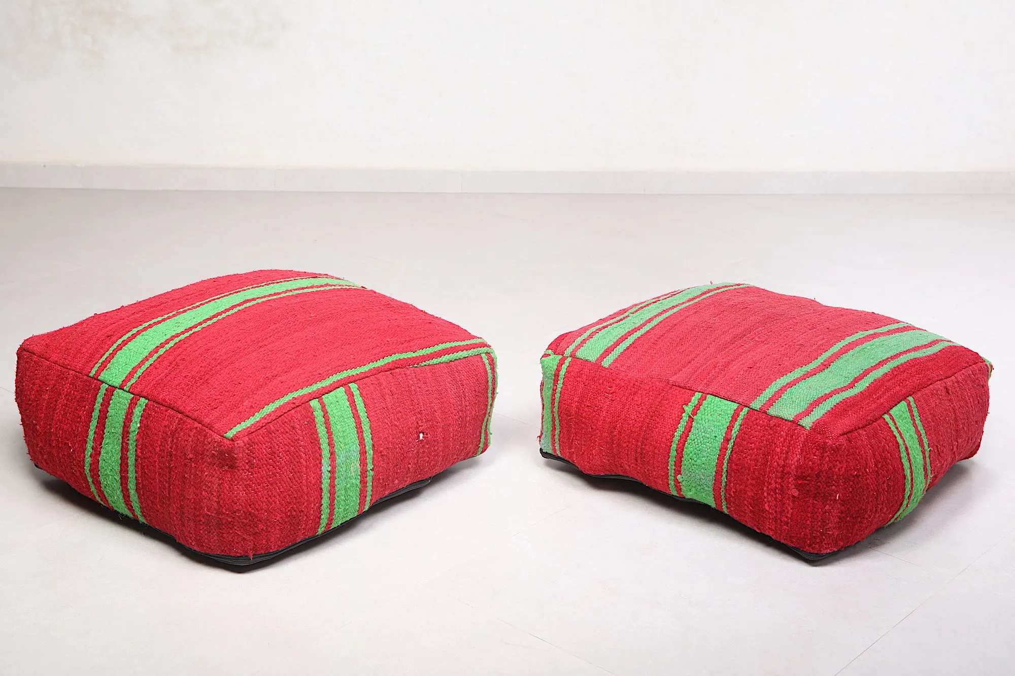 Two red Moroccan Kilim Poufs Footstool