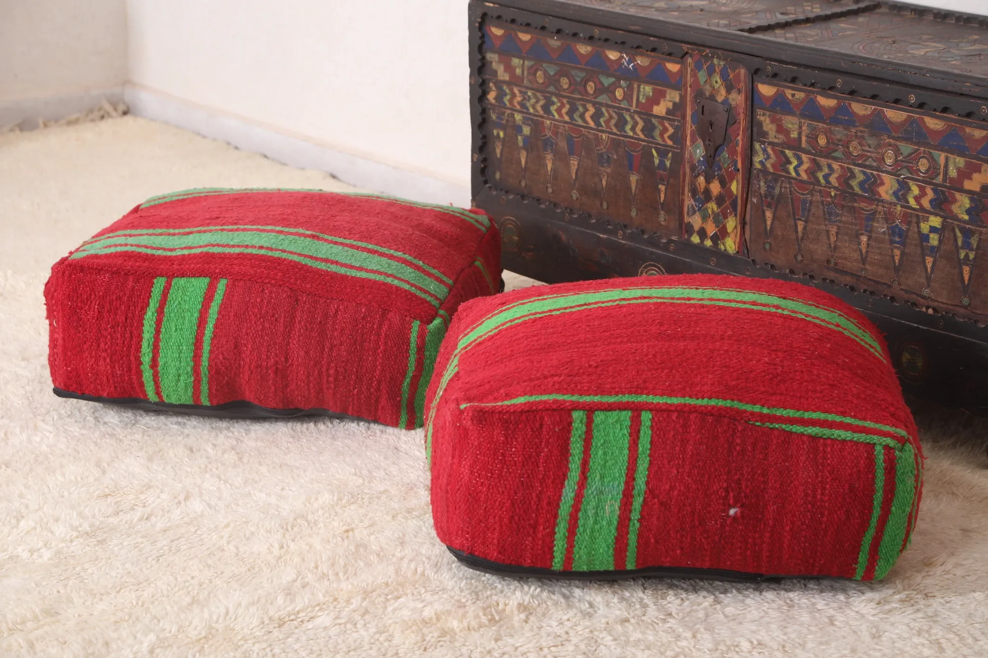 Two red Moroccan Kilim Poufs Footstool