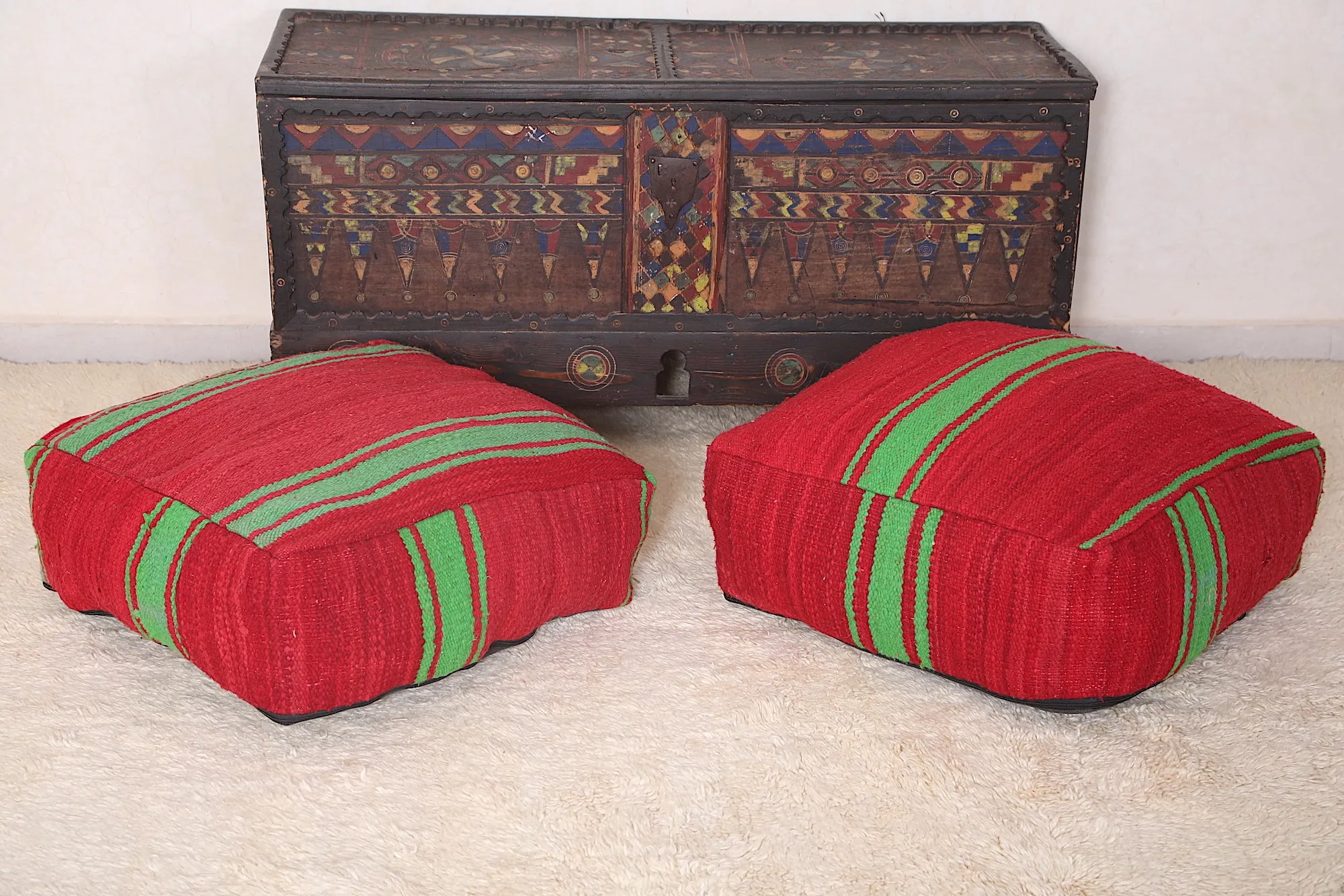 Two red Moroccan Kilim Poufs Footstool