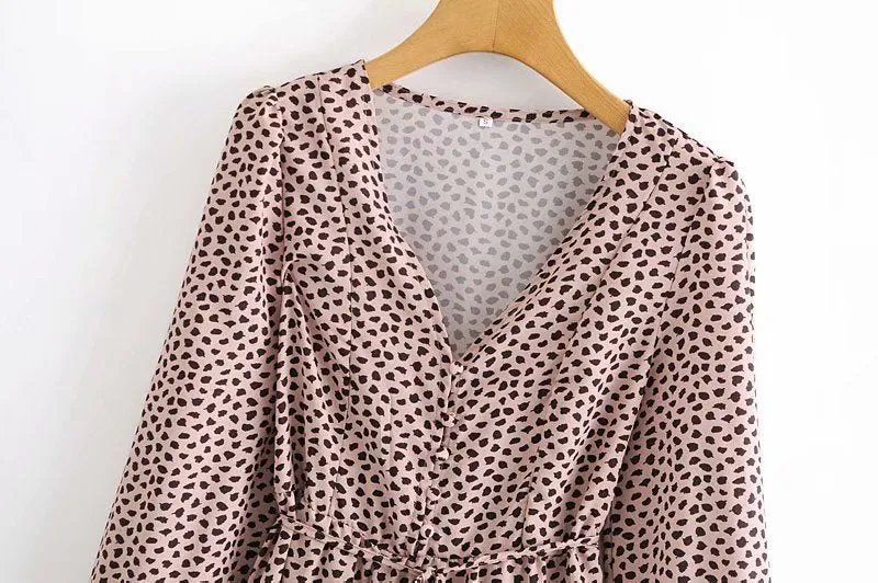 V-neck Lace-up Shirred Frill Polka Dot Floral Mini Dresses