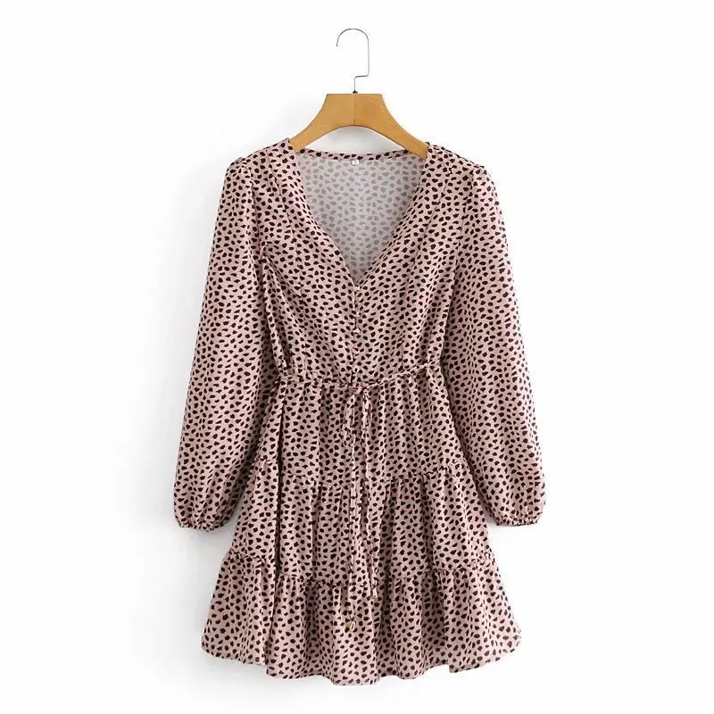 V-neck Lace-up Shirred Frill Polka Dot Floral Mini Dresses