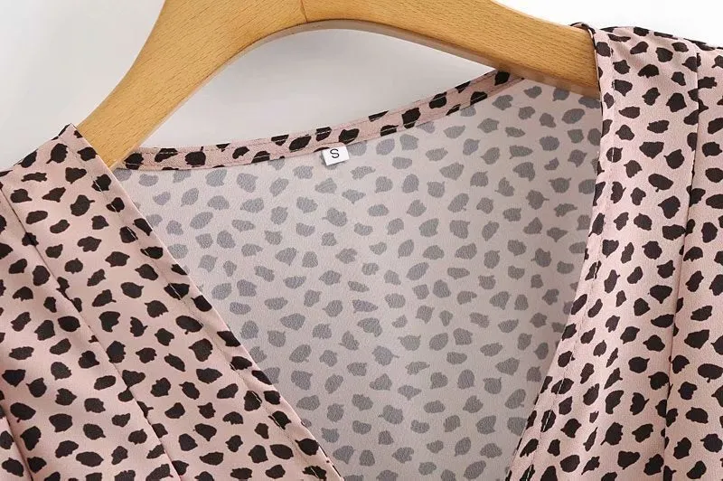 V-neck Lace-up Shirred Frill Polka Dot Floral Mini Dresses