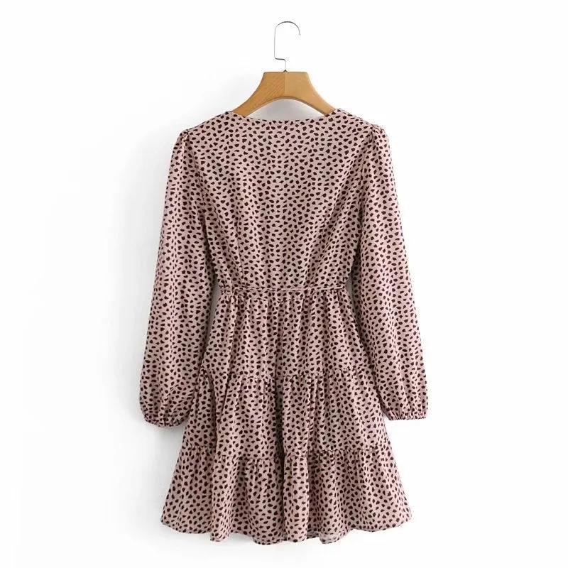 V-neck Lace-up Shirred Frill Polka Dot Floral Mini Dresses