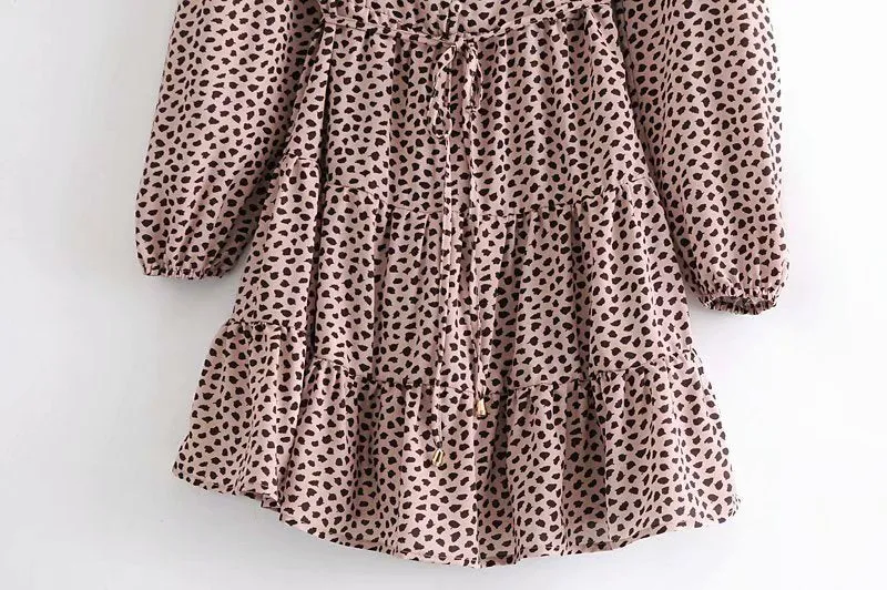 V-neck Lace-up Shirred Frill Polka Dot Floral Mini Dresses