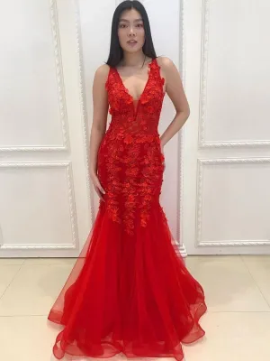 V Neck Mermaid Appliques Red Lace Long Prom, Mermaid Red Lace Formal, Red Lace Evening