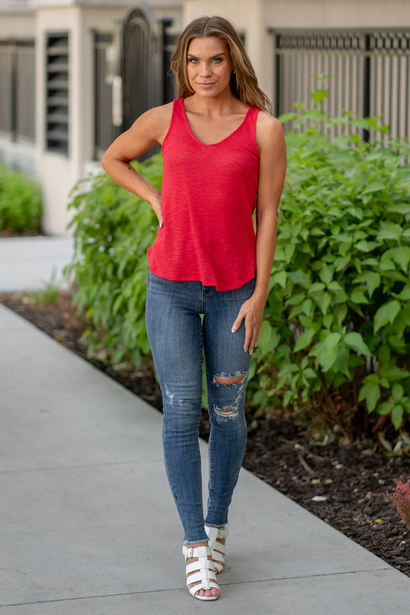 V Neck Sleeveless Cami Top Classic Ruby