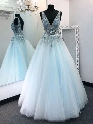 V Neck Tulle Floral Lace Appliques Long Sky Blue Prom Dresses, V Neck Sky Blue Formal Dresses, Blue Evening Dresses, Ball
