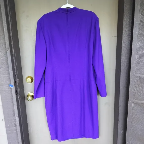 Vintage 1980s Gillian 100% Wool Purple Long Sleeve Button Front Sheath Dress