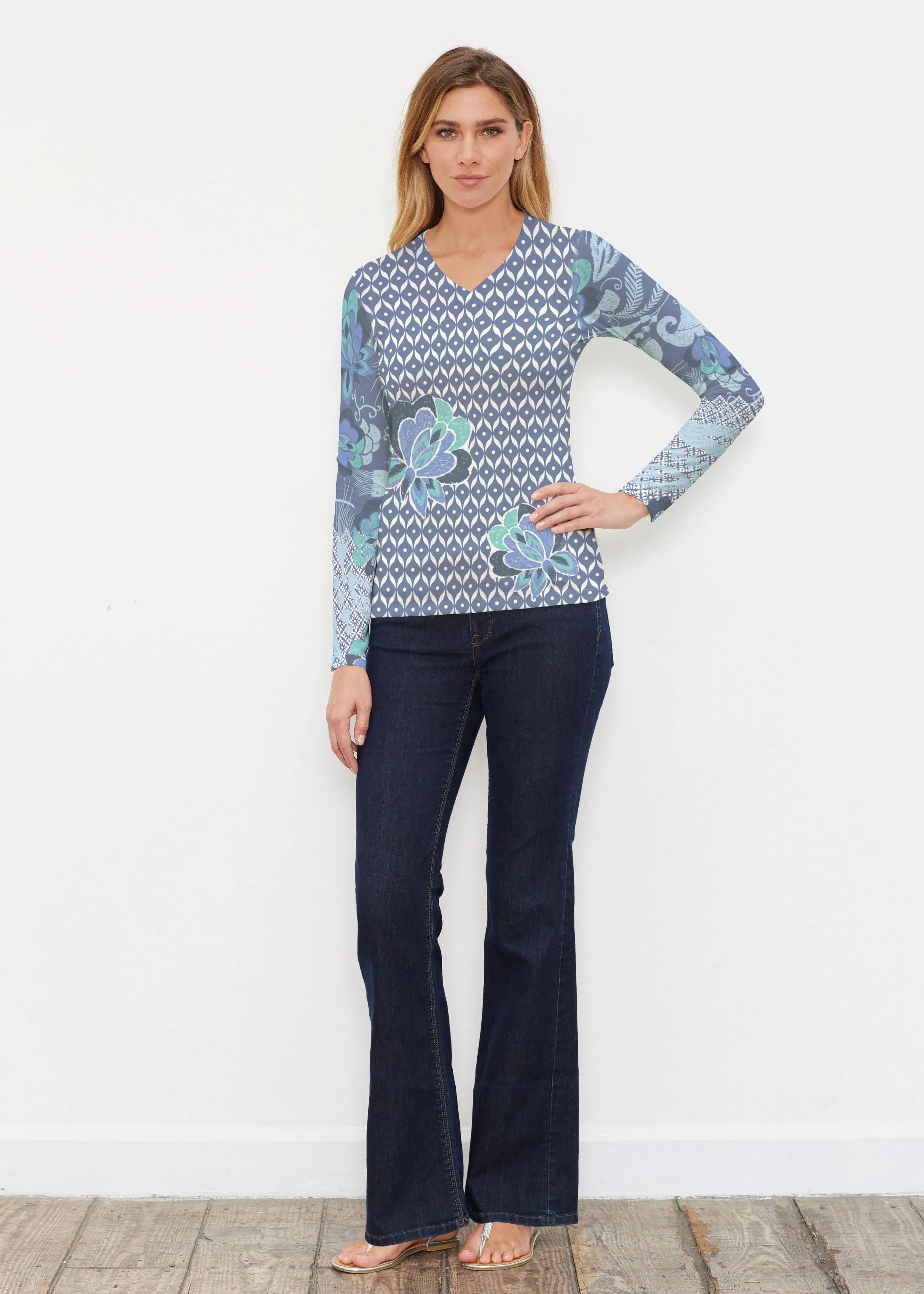 Vintage Blooms Blue (8060) ~ Butterknit Long Sleeve V-Neck Top